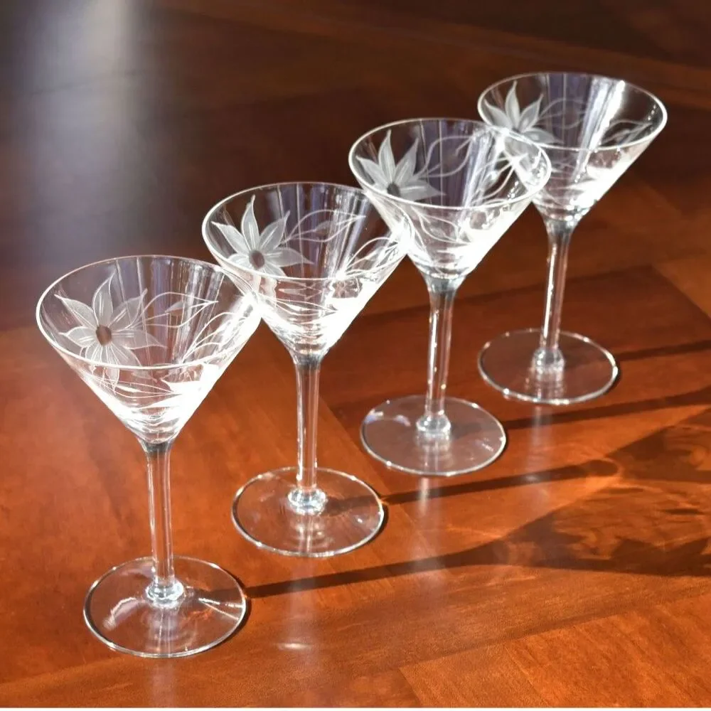 Set of 4 Hand-Blown & Etched Water Goblets – UNK257 Pattern
